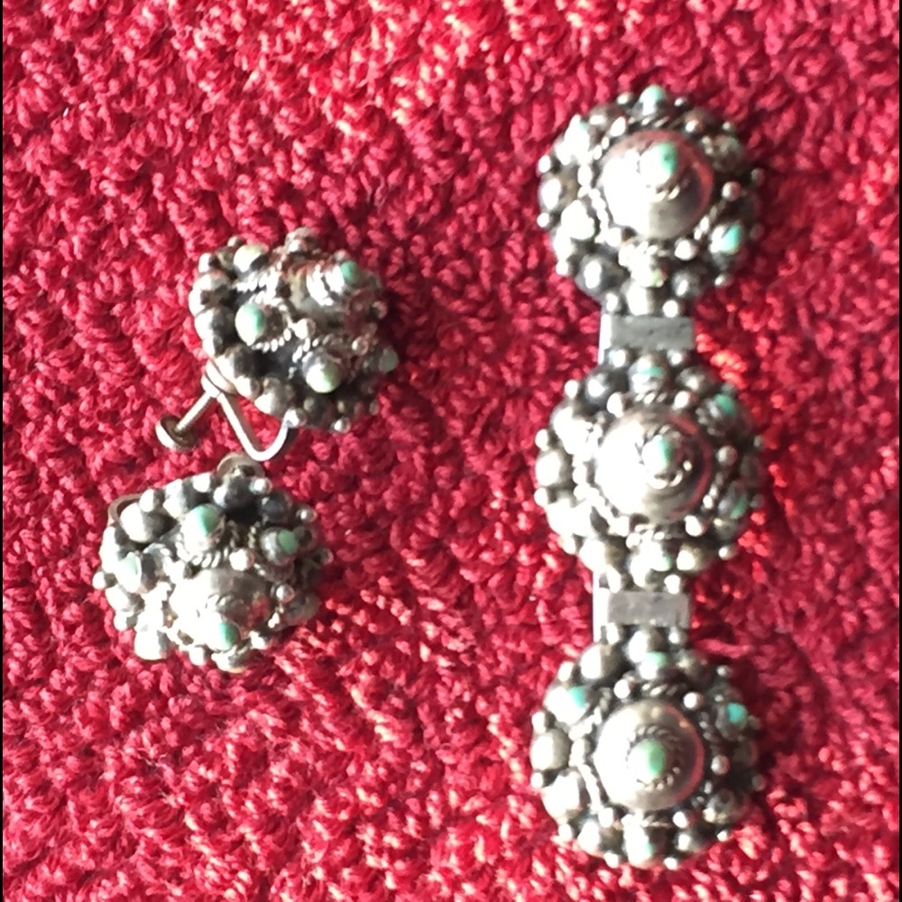 Vintage Mexican turquoise earrings and brooch